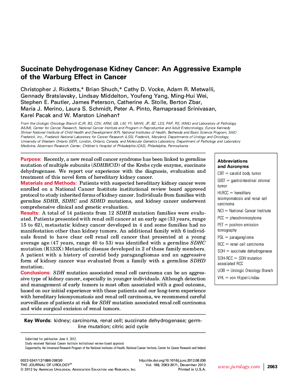 Succinate Dehydrogenase Kidney Cancer: An Aggressive Example of the Warburg Effect in Cancer