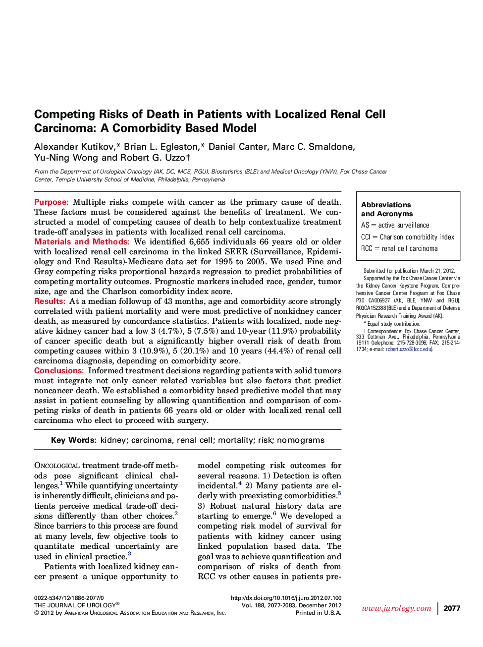 Competing Risks of Death in Patients with Localized Renal Cell Carcinoma: A Comorbidity Based Model