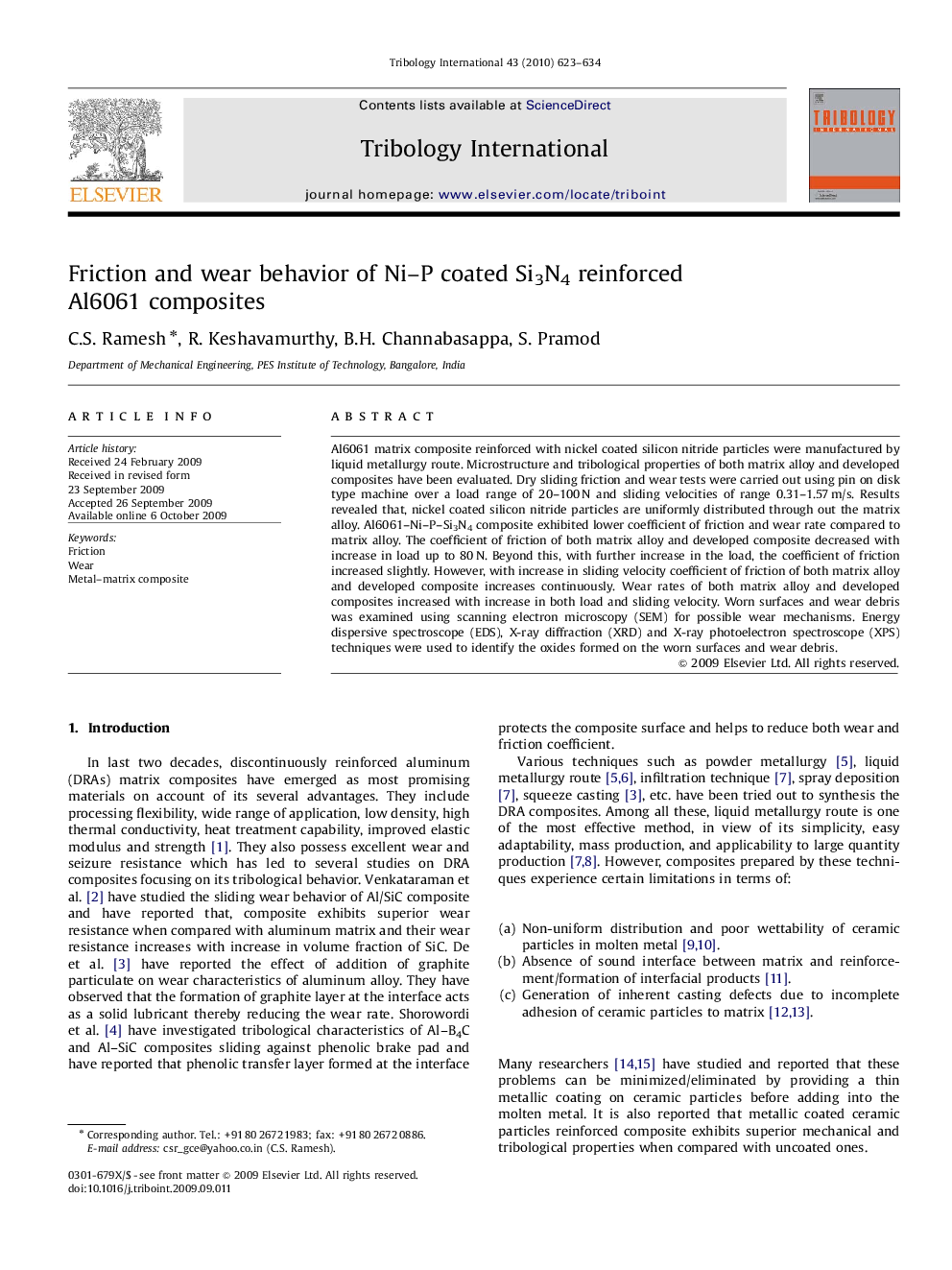 Friction and wear behavior of Ni-P coated Si3N4 reinforced Al6061 composites