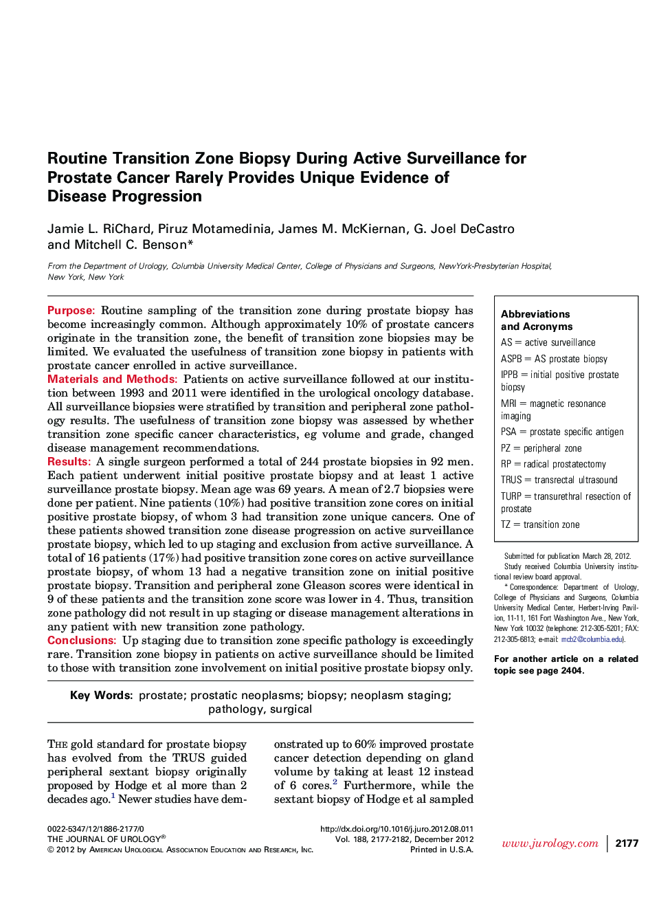 Routine Transition Zone Biopsy During Active Surveillance for Prostate Cancer Rarely Provides Unique Evidence of Disease Progression