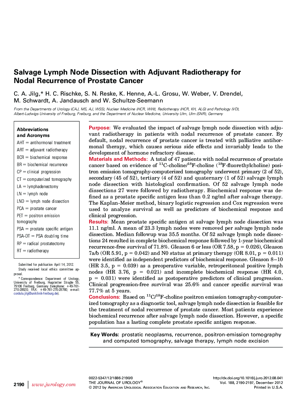 Salvage Lymph Node Dissection with Adjuvant Radiotherapy for Nodal Recurrence of Prostate Cancer