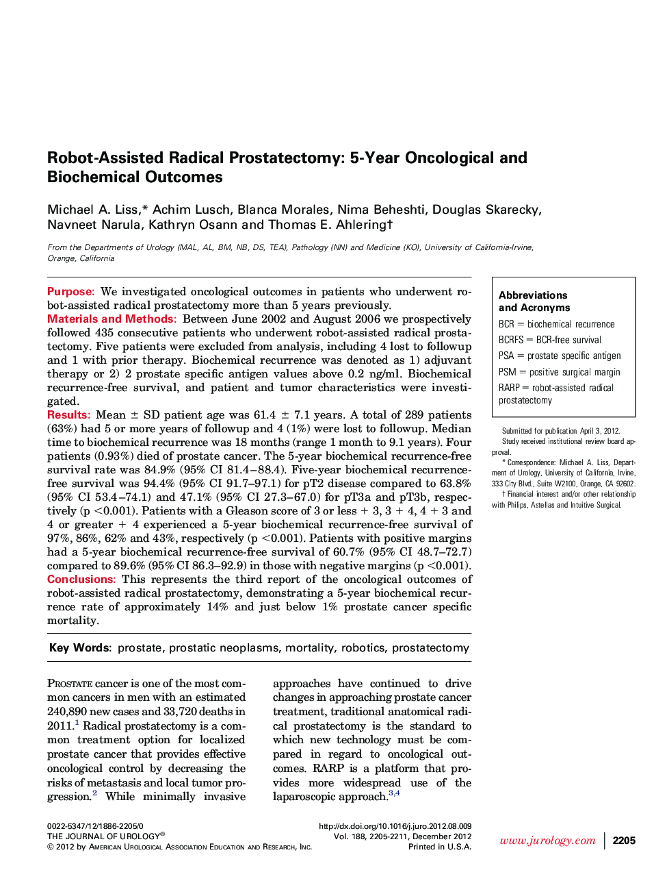 Robot-Assisted Radical Prostatectomy: 5-Year Oncological and Biochemical Outcomes