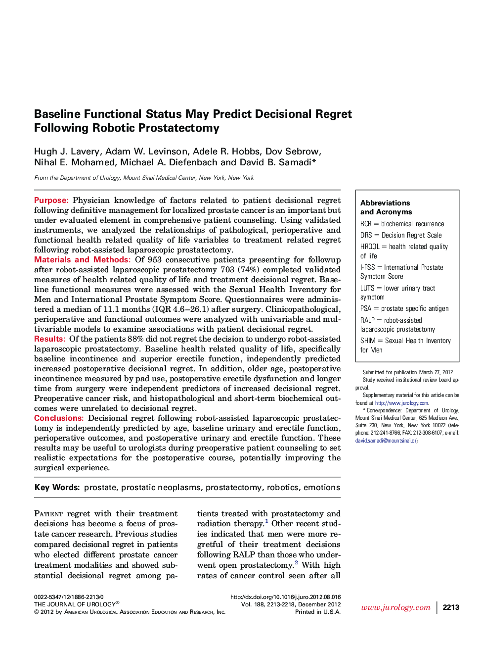 Baseline Functional Status May Predict Decisional Regret Following Robotic Prostatectomy