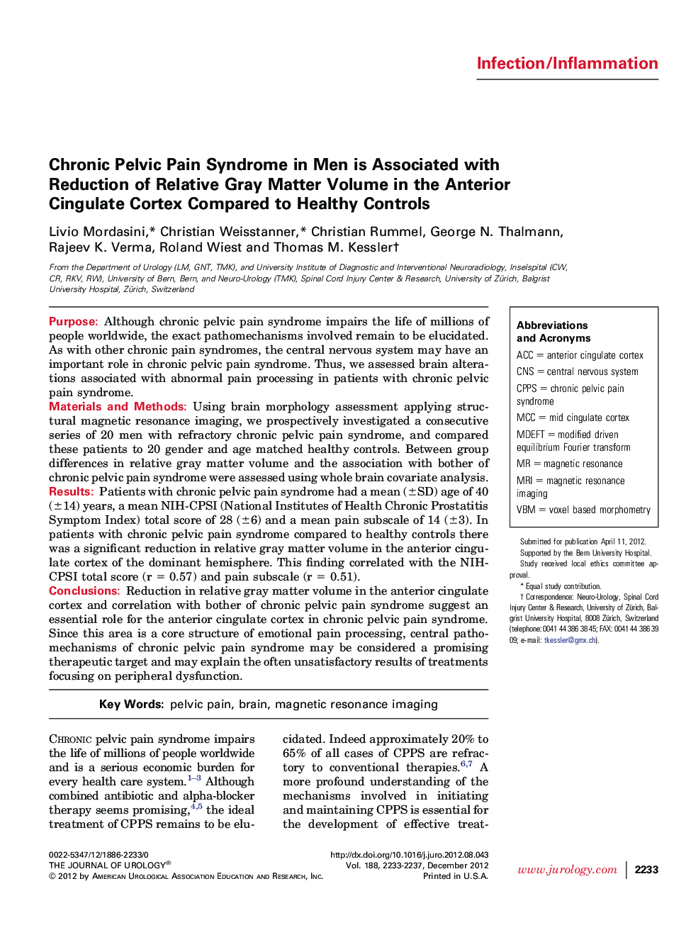 Chronic Pelvic Pain Syndrome in Men is Associated with Reduction of Relative Gray Matter Volume in the Anterior Cingulate Cortex Compared to Healthy Controls