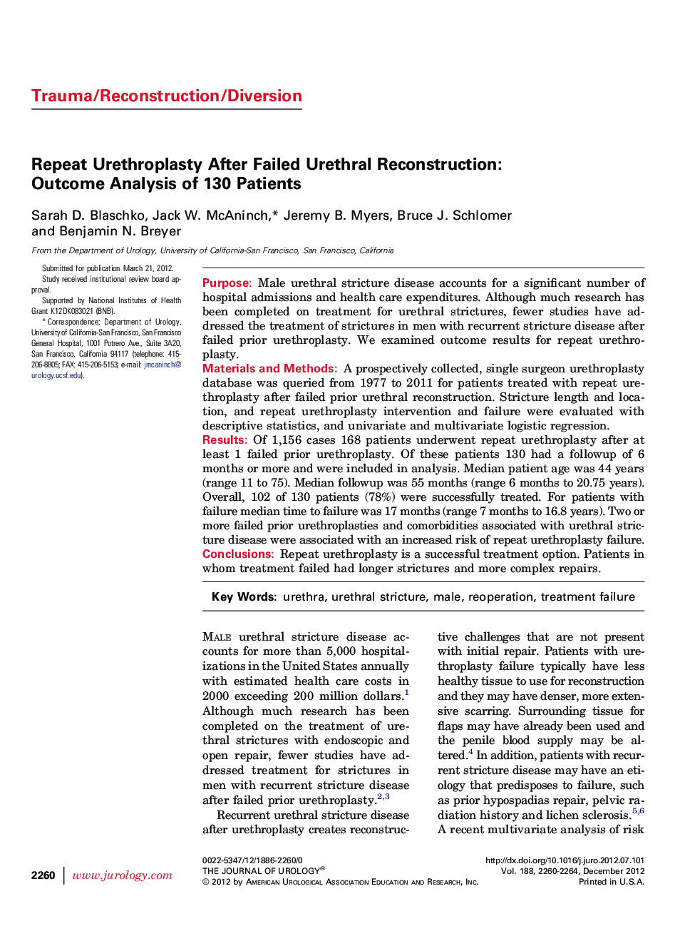 Repeat Urethroplasty After Failed Urethral Reconstruction: Outcome Analysis of 130 Patients