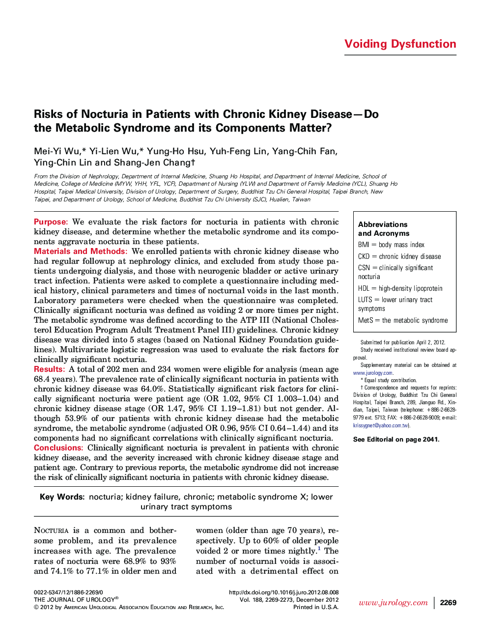 Risks of Nocturia in Patients with Chronic Kidney Disease-Do the Metabolic Syndrome and its Components Matter?