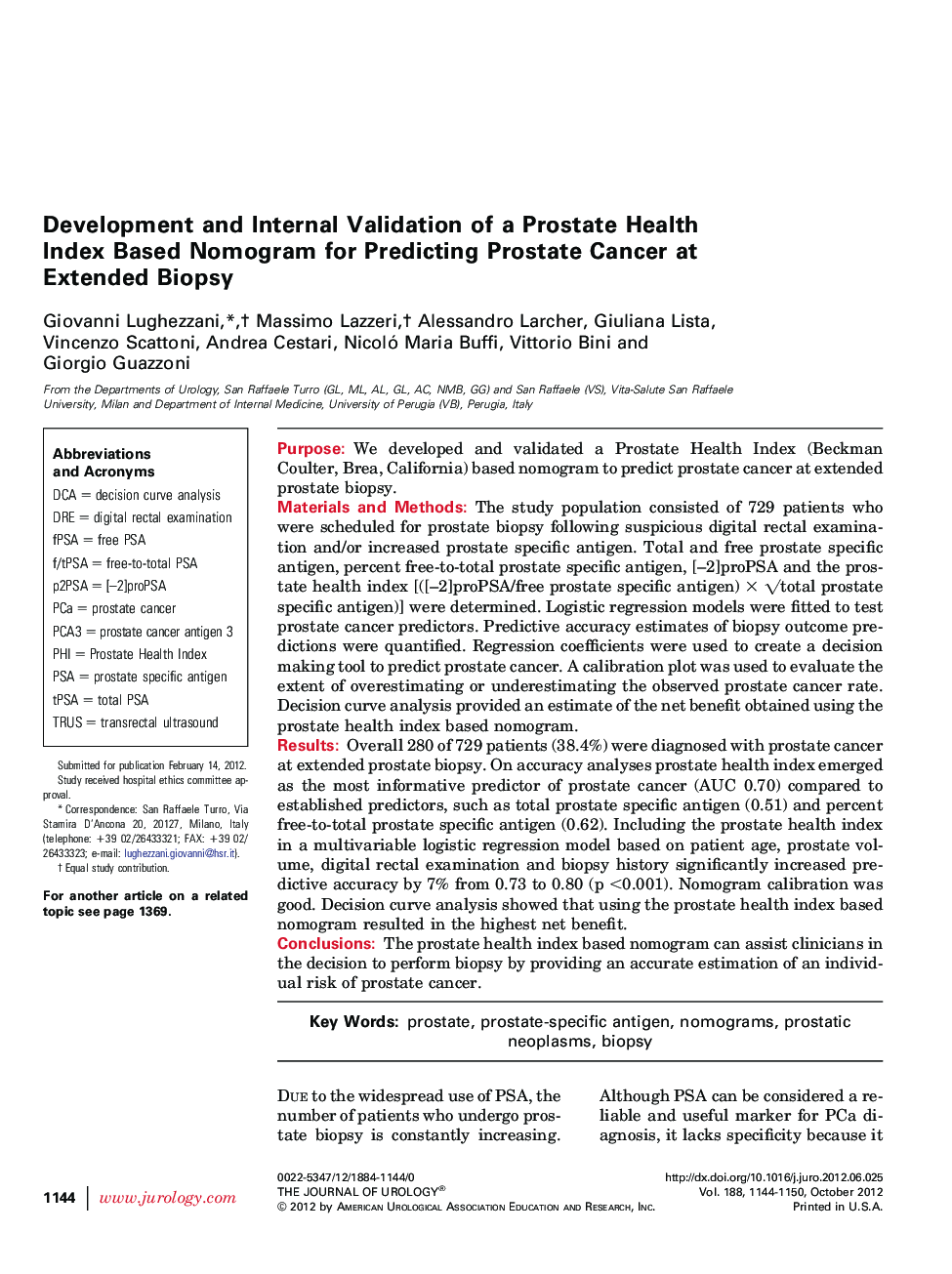 Development and Internal Validation of a Prostate Health Index Based Nomogram for Predicting Prostate Cancer at Extended Biopsy