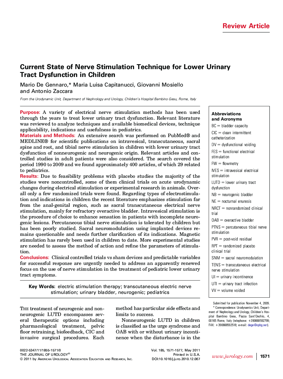 Current State of Nerve Stimulation Technique for Lower Urinary Tract Dysfunction in Children