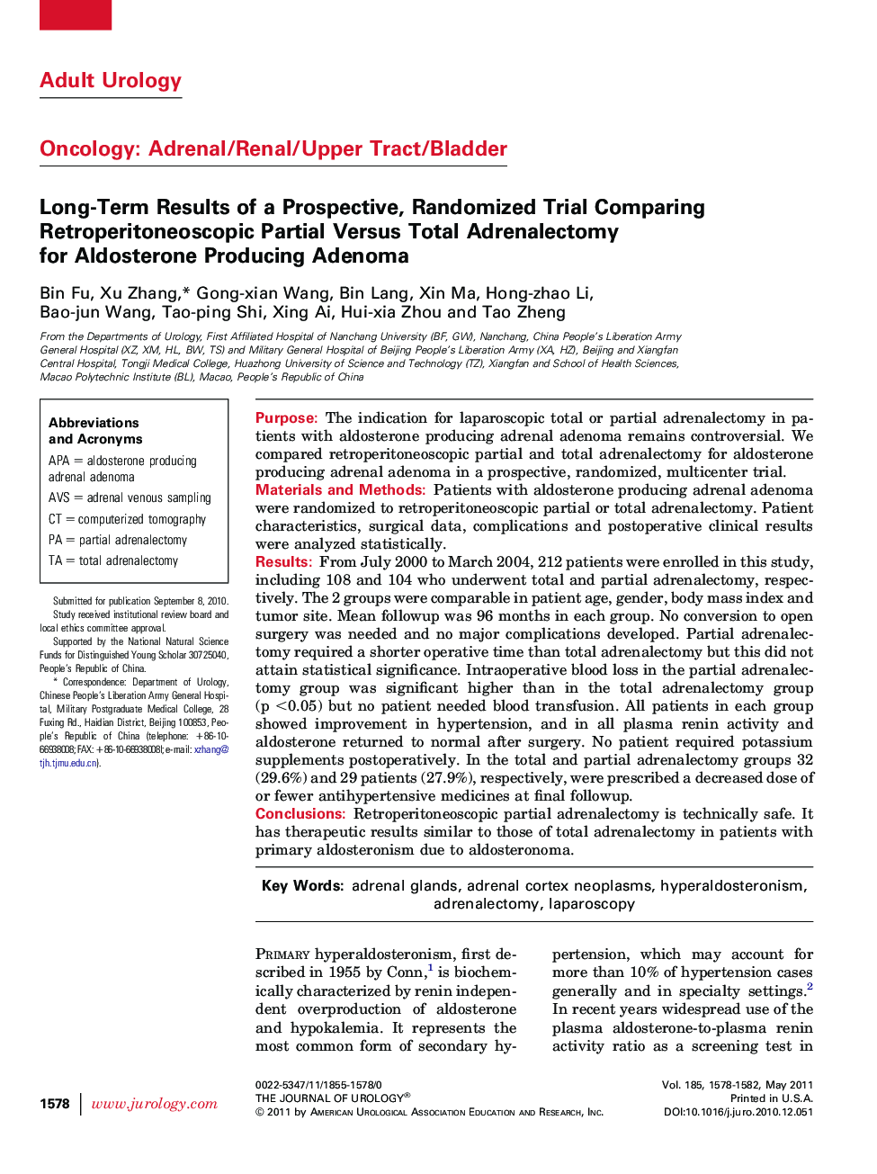 Long-Term Results of a Prospective, Randomized Trial Comparing Retroperitoneoscopic Partial Versus Total Adrenalectomy for Aldosterone Producing Adenoma