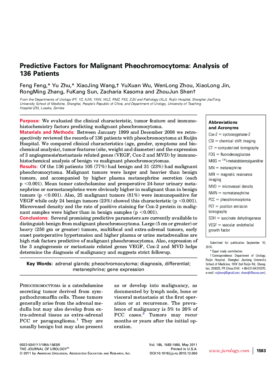 Predictive Factors for Malignant Pheochromocytoma: Analysis of 136 Patients