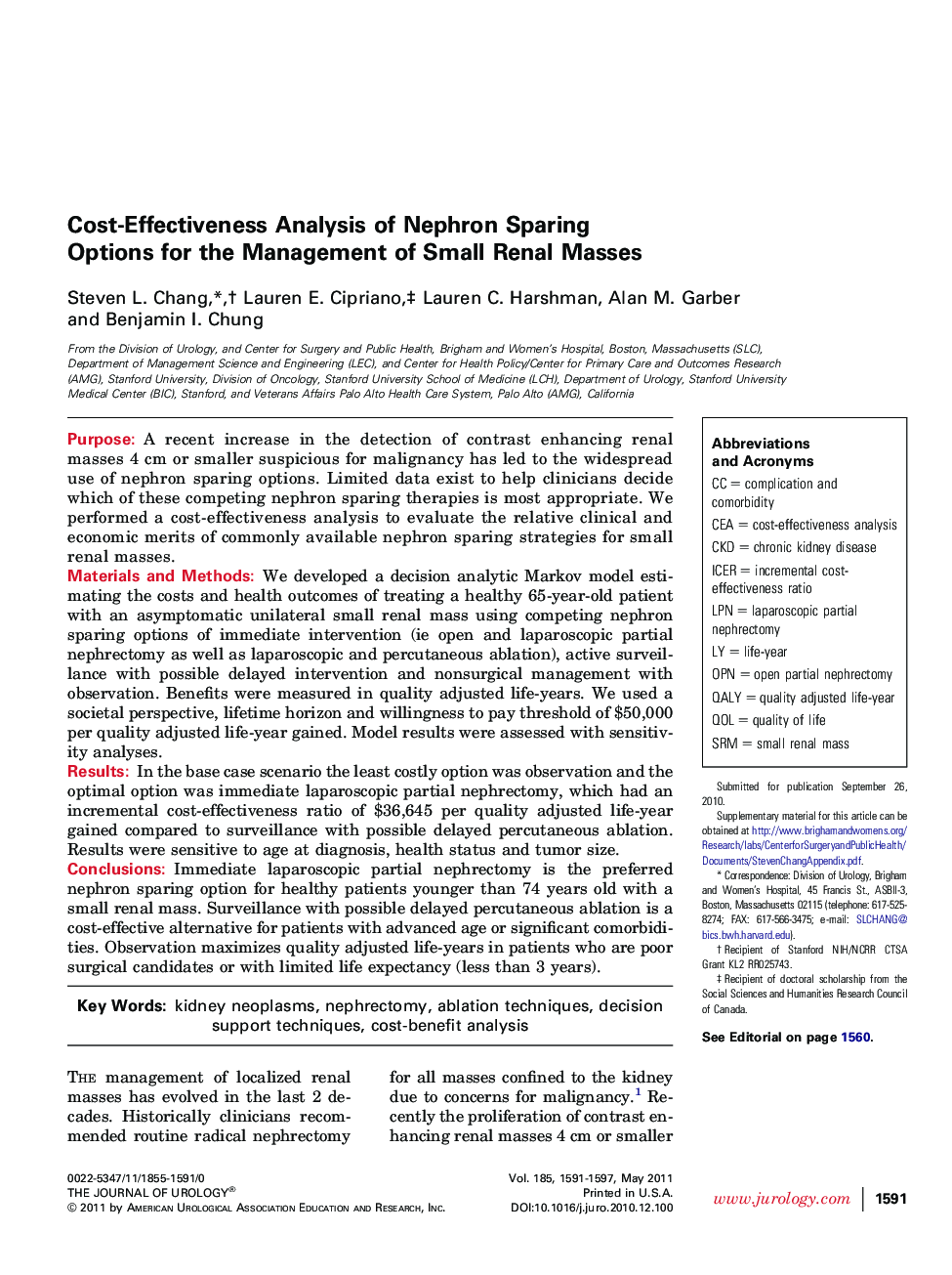 Cost-Effectiveness Analysis of Nephron Sparing Options for the Management of Small Renal Masses