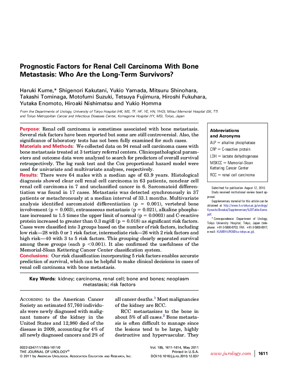 Prognostic Factors for Renal Cell Carcinoma With Bone Metastasis: Who Are the Long-Term Survivors?