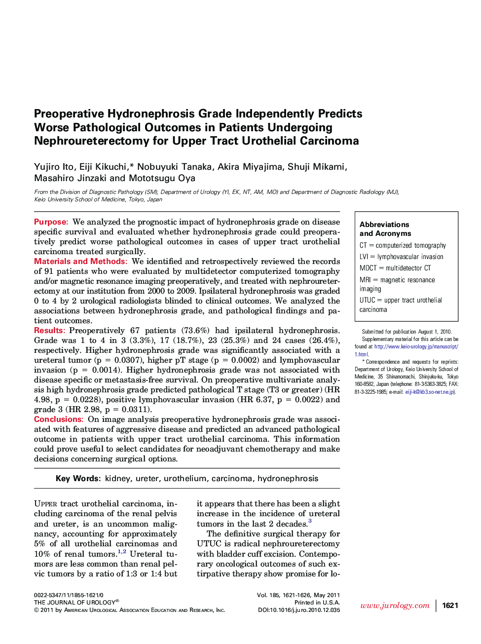 Preoperative Hydronephrosis Grade Independently Predicts Worse Pathological Outcomes in Patients Undergoing Nephroureterectomy for Upper Tract Urothelial Carcinoma