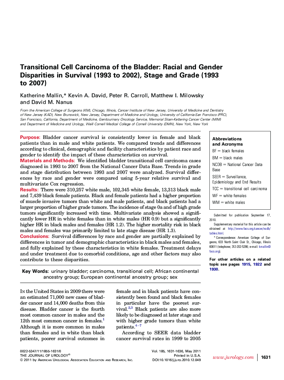 Transitional Cell Carcinoma of the Bladder: Racial and Gender Disparities in Survival (1993 to 2002), Stage and Grade (1993 to 2007)