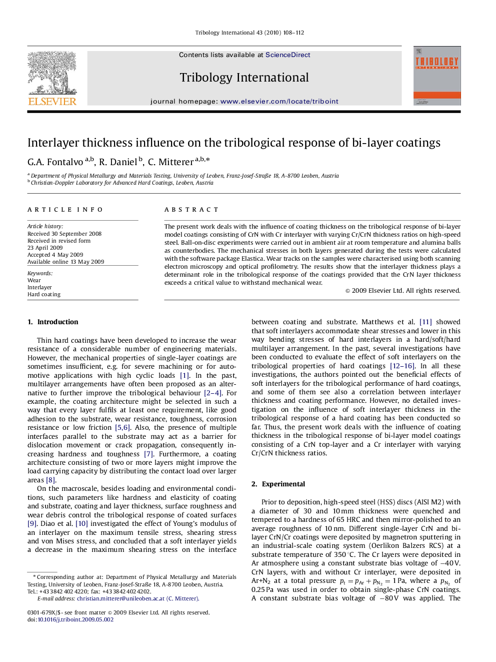 Interlayer thickness influence on the tribological response of bi-layer coatings