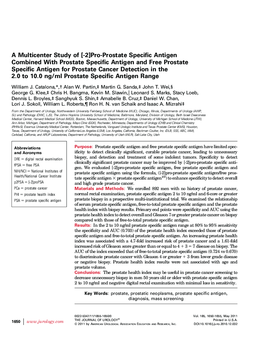 A Multicenter Study of [-2]Pro-Prostate Specific Antigen Combined With Prostate Specific Antigen and Free Prostate Specific Antigen for Prostate Cancer Detection in the 2.0 to 10.0 ng/ml Prostate Specific Antigen Range