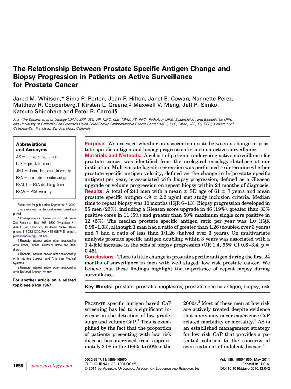 The Relationship Between Prostate Specific Antigen Change and Biopsy Progression in Patients on Active Surveillance for Prostate Cancer