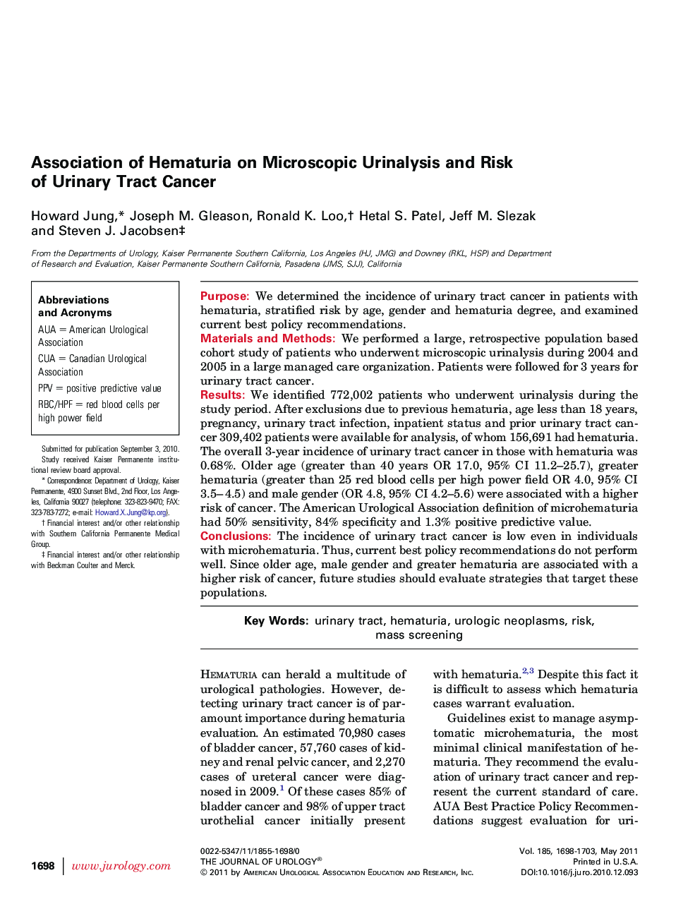 Association of Hematuria on Microscopic Urinalysis and Risk of Urinary Tract Cancer