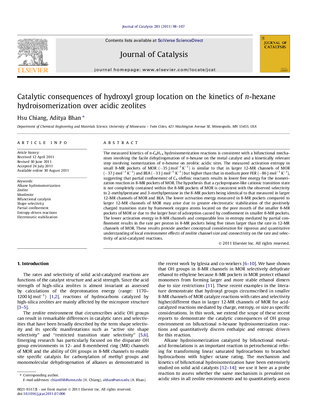 Catalytic consequences of hydroxyl group location on the kinetics of n-hexane hydroisomerization over acidic zeolites