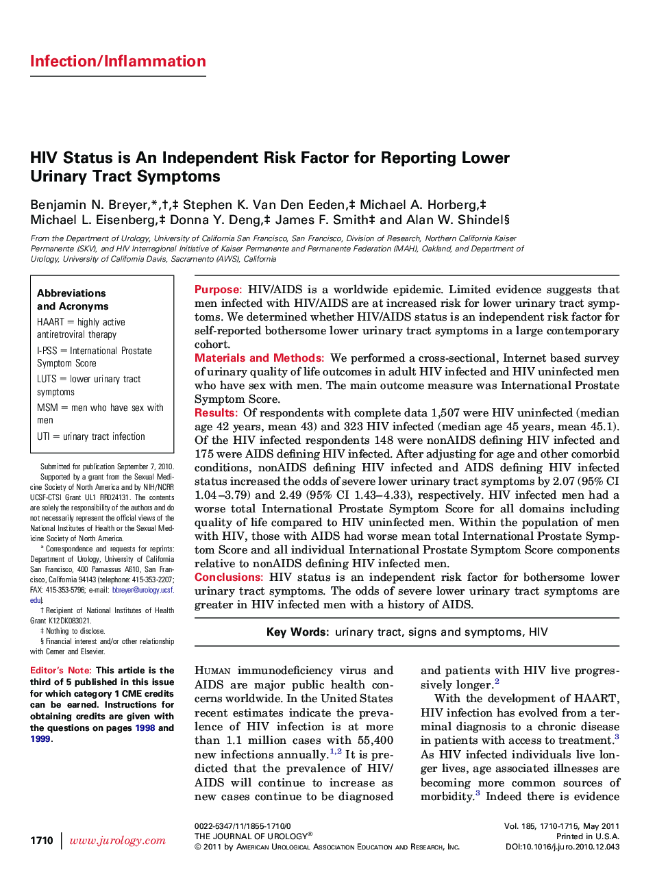 HIV Status is An Independent Risk Factor for Reporting Lower Urinary Tract Symptoms