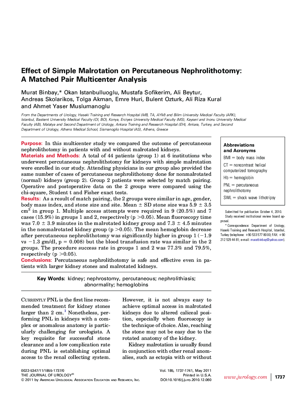 Effect of Simple Malrotation on Percutaneous Nephrolithotomy: A Matched Pair Multicenter Analysis