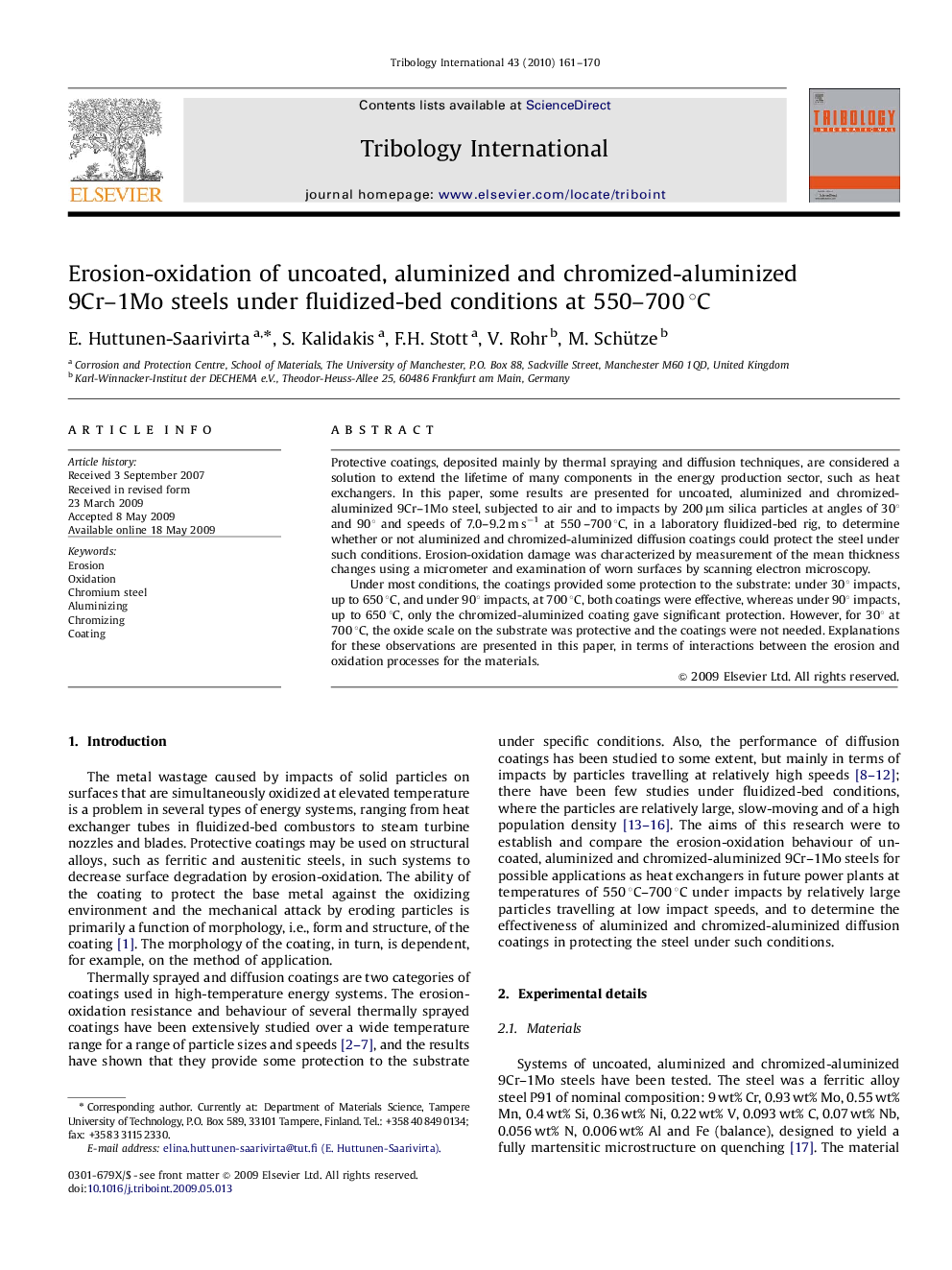 Erosion-oxidation of uncoated, aluminized and chromized-aluminized 9Cr-1Mo steels under fluidized-bed conditions at 550-700Â Â°C