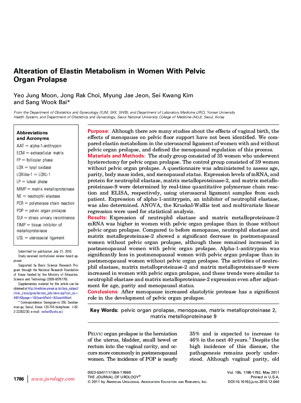 Alteration of Elastin Metabolism in Women With Pelvic Organ Prolapse