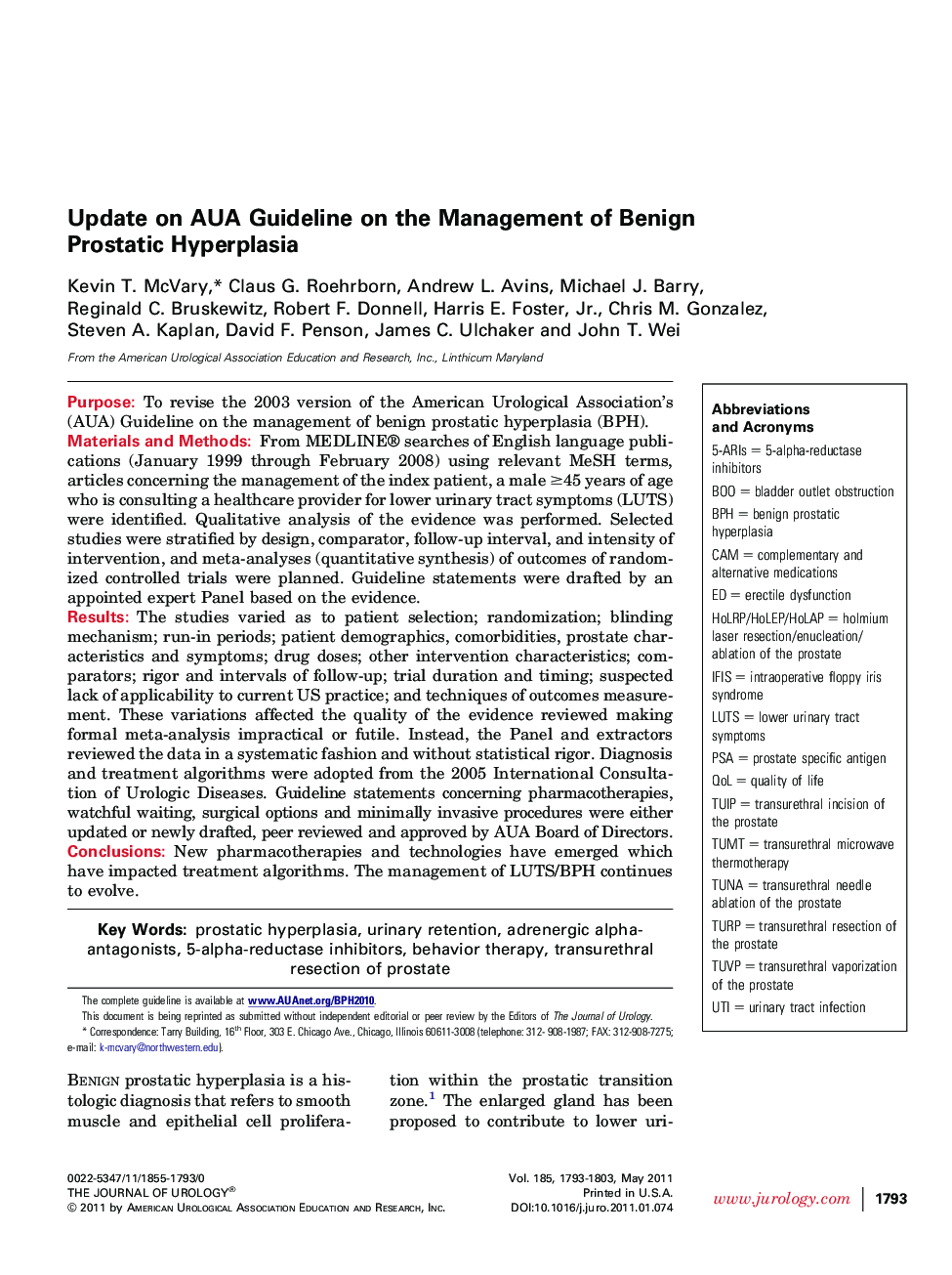 Update on AUA Guideline on the Management of Benign Prostatic Hyperplasia
