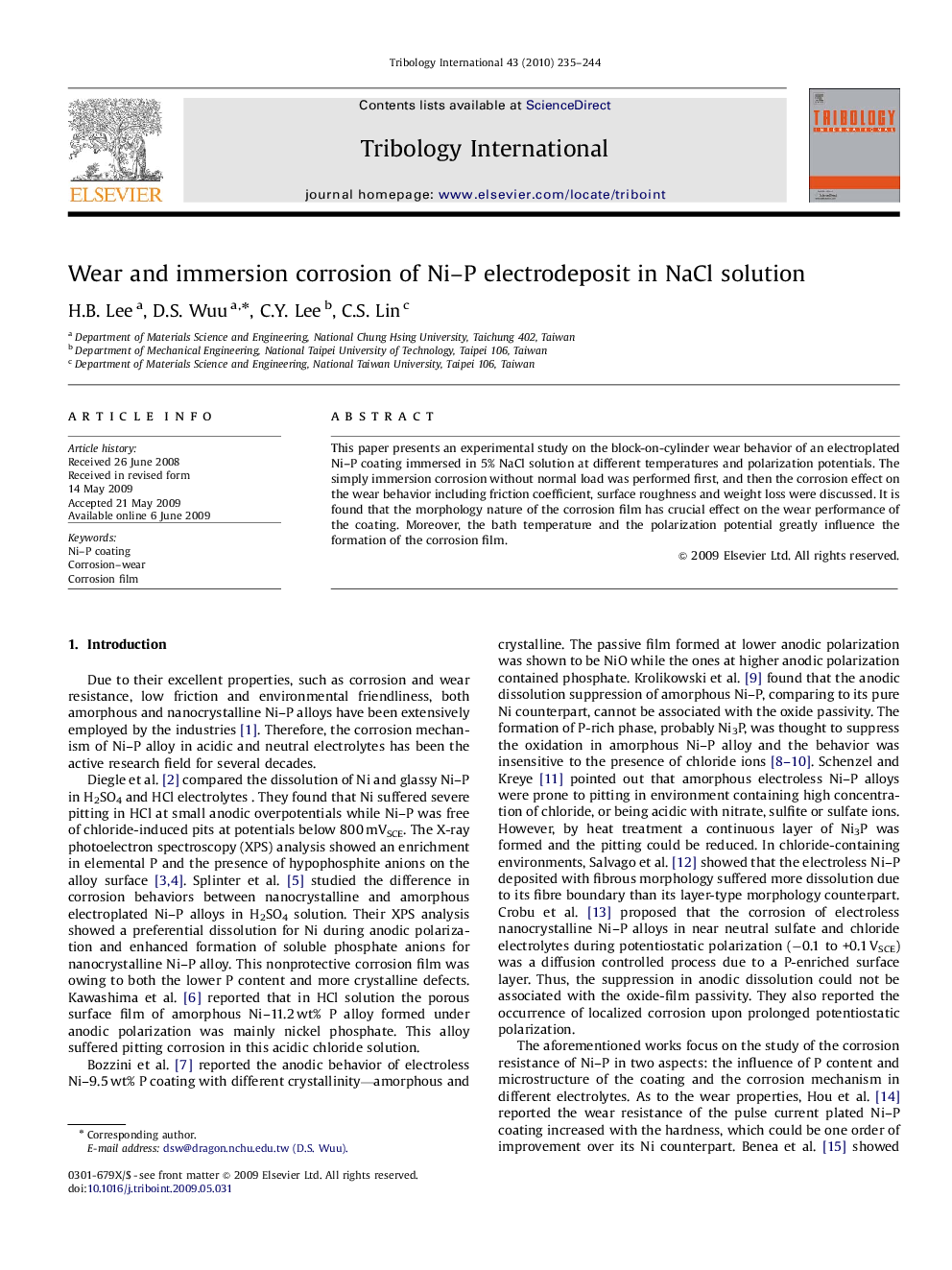 Wear and immersion corrosion of Ni-P electrodeposit in NaCl solution