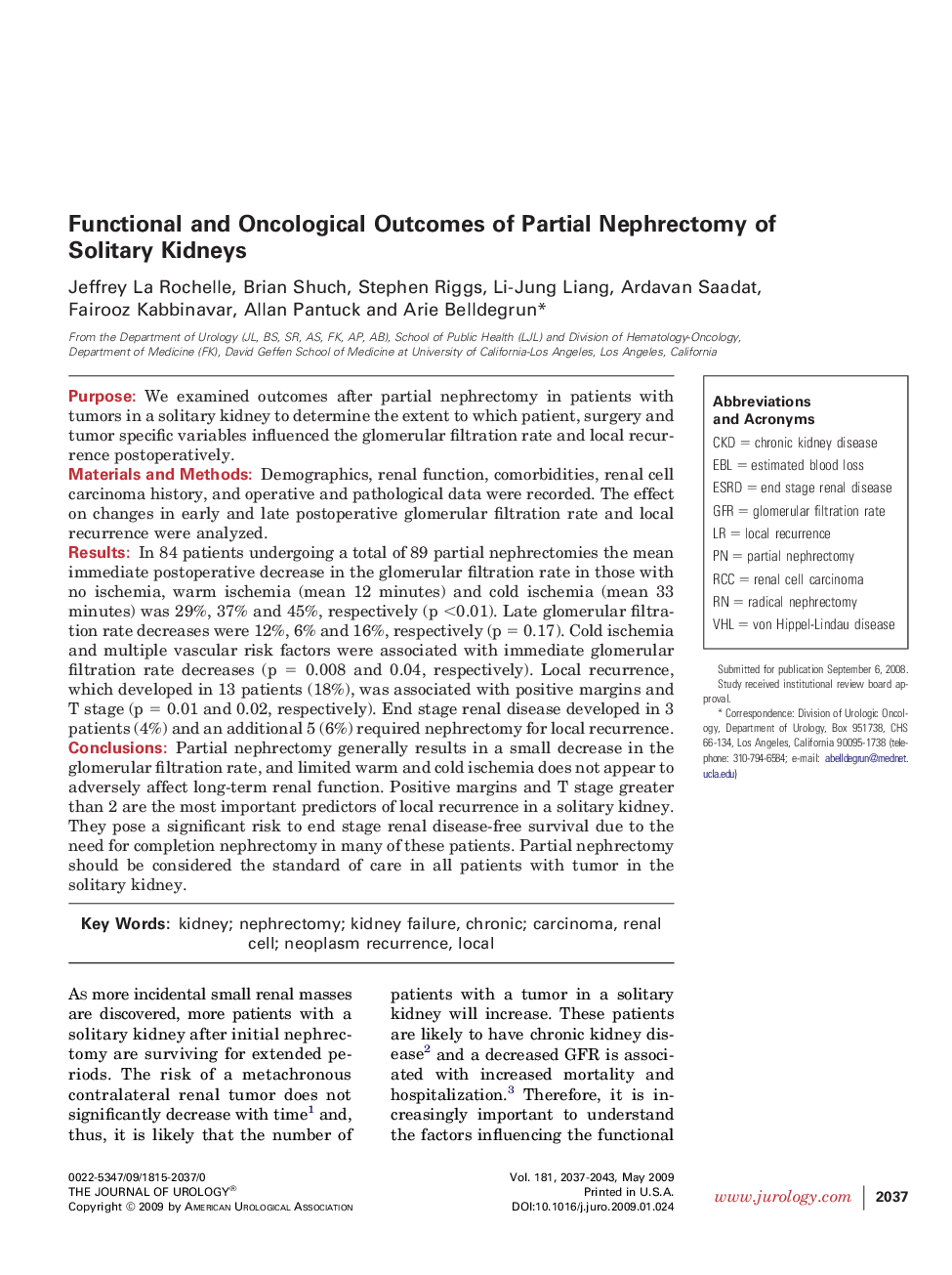 Functional and Oncological Outcomes of Partial Nephrectomy of Solitary Kidneys