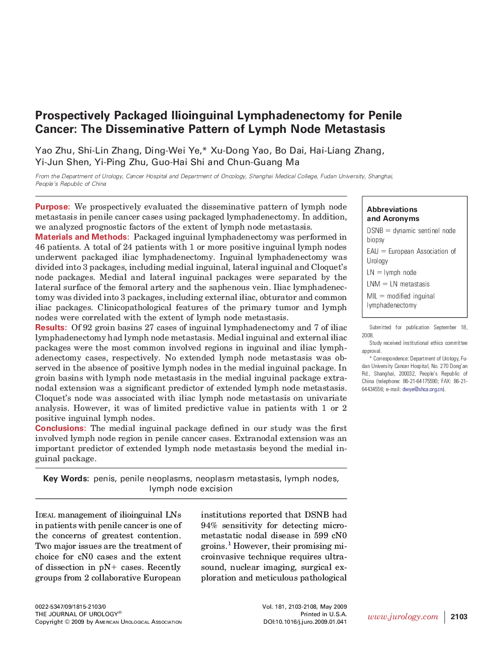 Prospectively Packaged Ilioinguinal Lymphadenectomy for Penile Cancer: The Disseminative Pattern of Lymph Node Metastasis