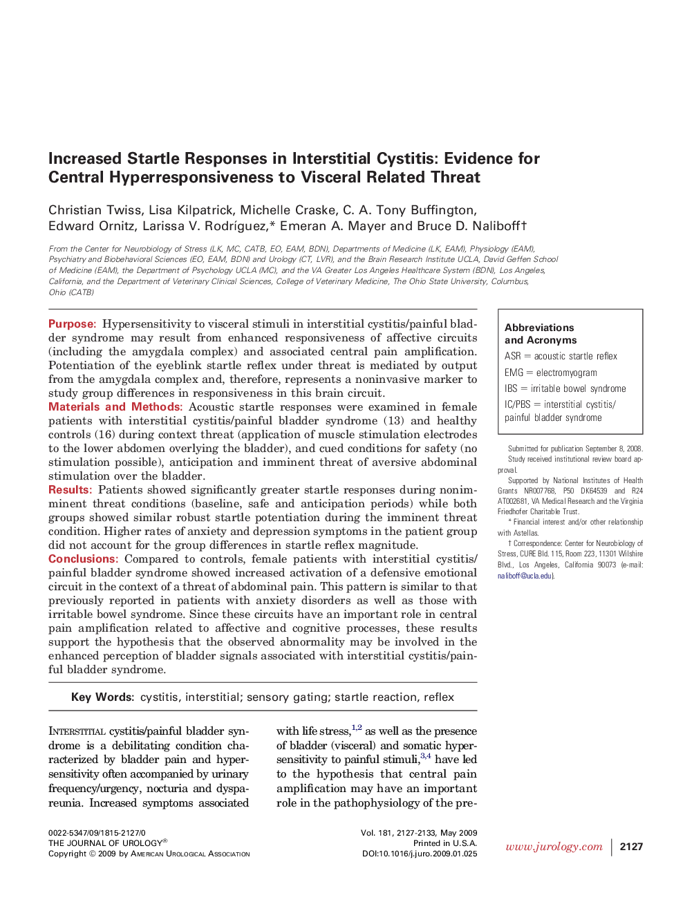 Increased Startle Responses in Interstitial Cystitis: Evidence for Central Hyperresponsiveness to Visceral Related Threat