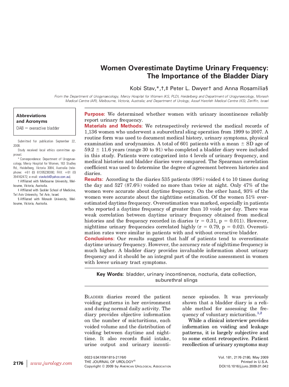 Women Overestimate Daytime Urinary Frequency: The Importance of the Bladder Diary