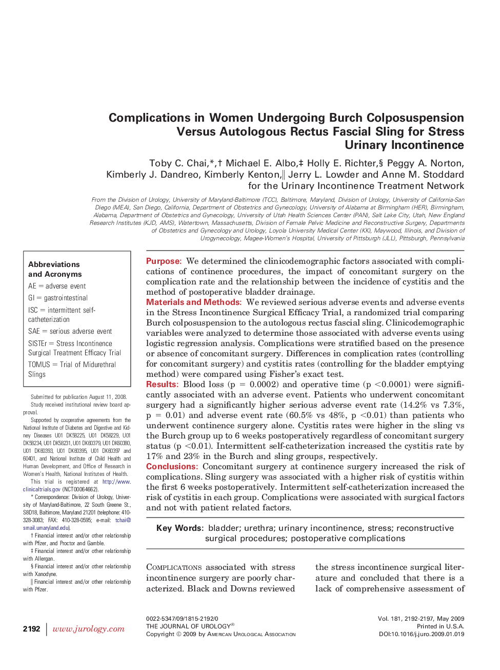 Complications in Women Undergoing Burch Colposuspension Versus Autologous Rectus Fascial Sling for Stress Urinary Incontinence