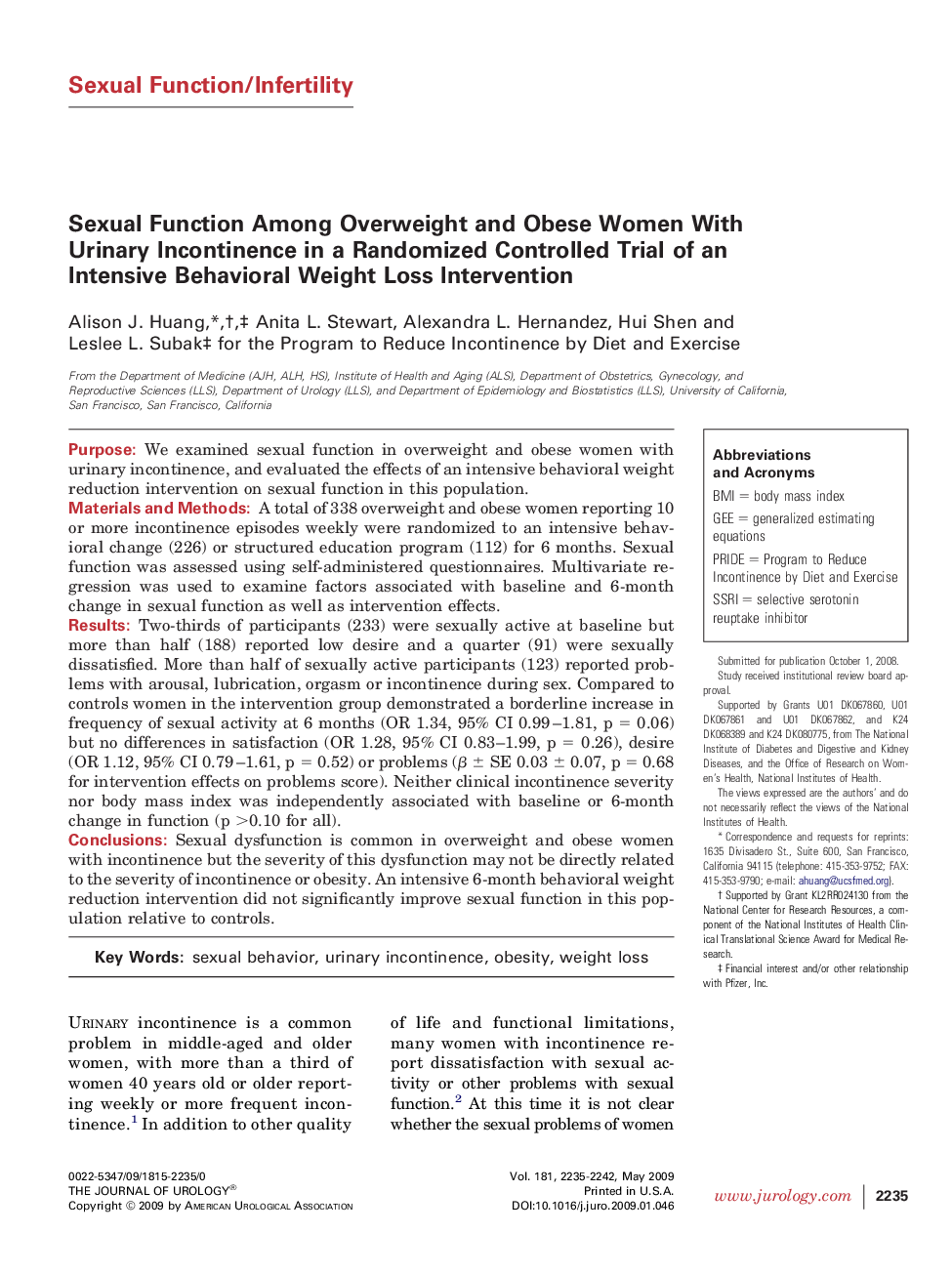 Sexual Function Among Overweight and Obese Women With Urinary Incontinence in a Randomized Controlled Trial of an Intensive Behavioral Weight Loss Intervention