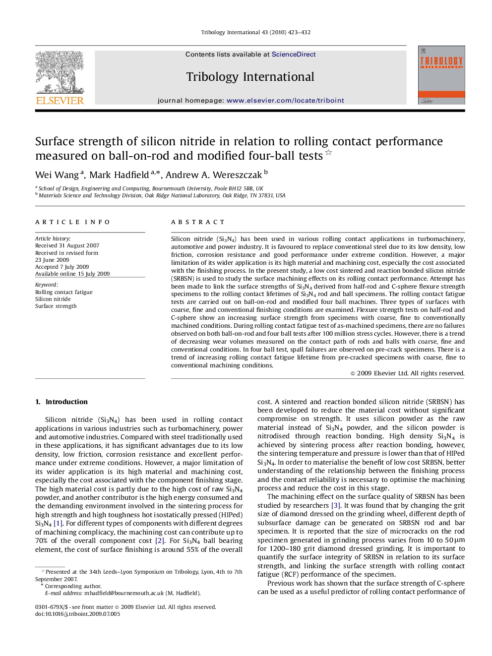 Surface strength of silicon nitride in relation to rolling contact performance measured on ball-on-rod and modified four-ball tests 