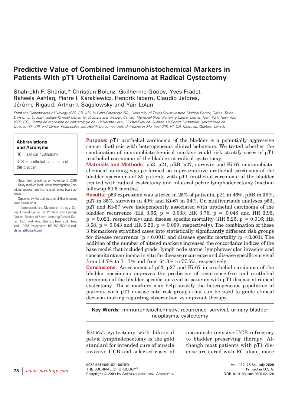 Predictive Value of Combined Immunohistochemical Markers in Patients With pT1 Urothelial Carcinoma at Radical Cystectomy