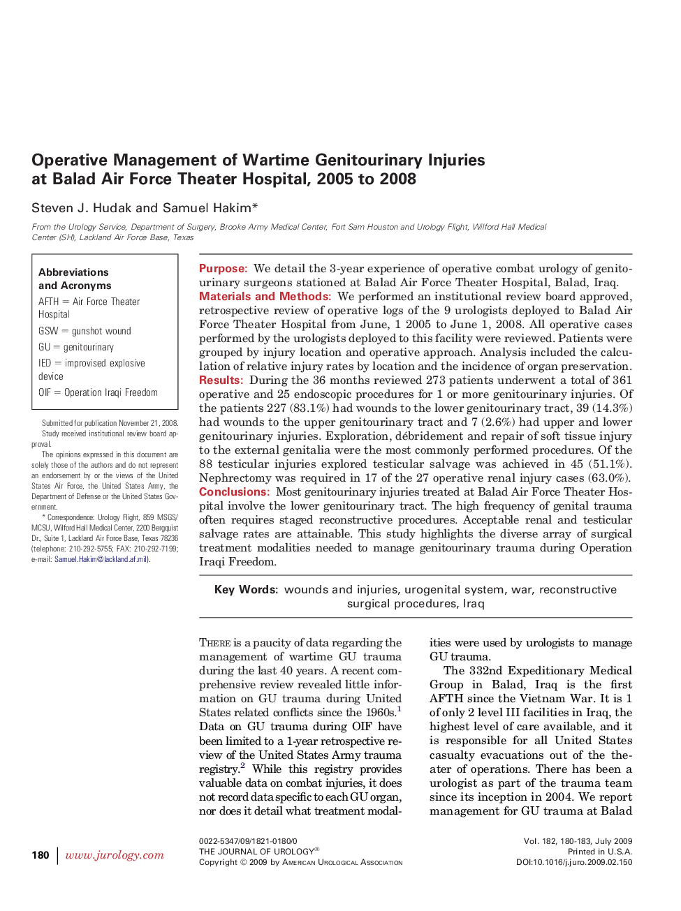 Operative Management of Wartime Genitourinary Injuries at Balad Air Force Theater Hospital, 2005 to 2008