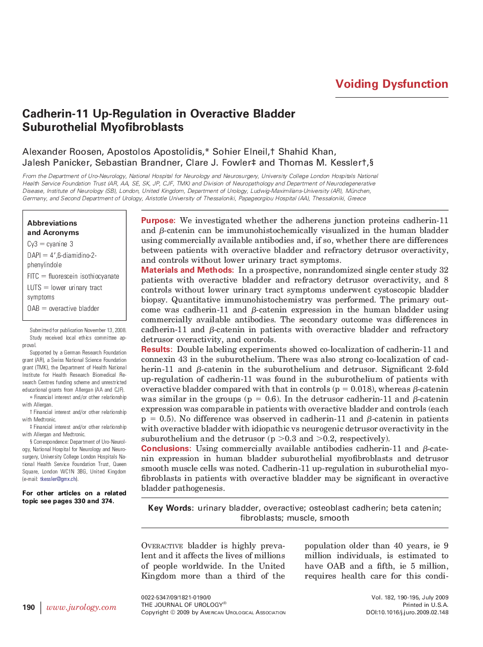 Cadherin-11 Up-Regulation in Overactive Bladder Suburothelial Myofibroblasts