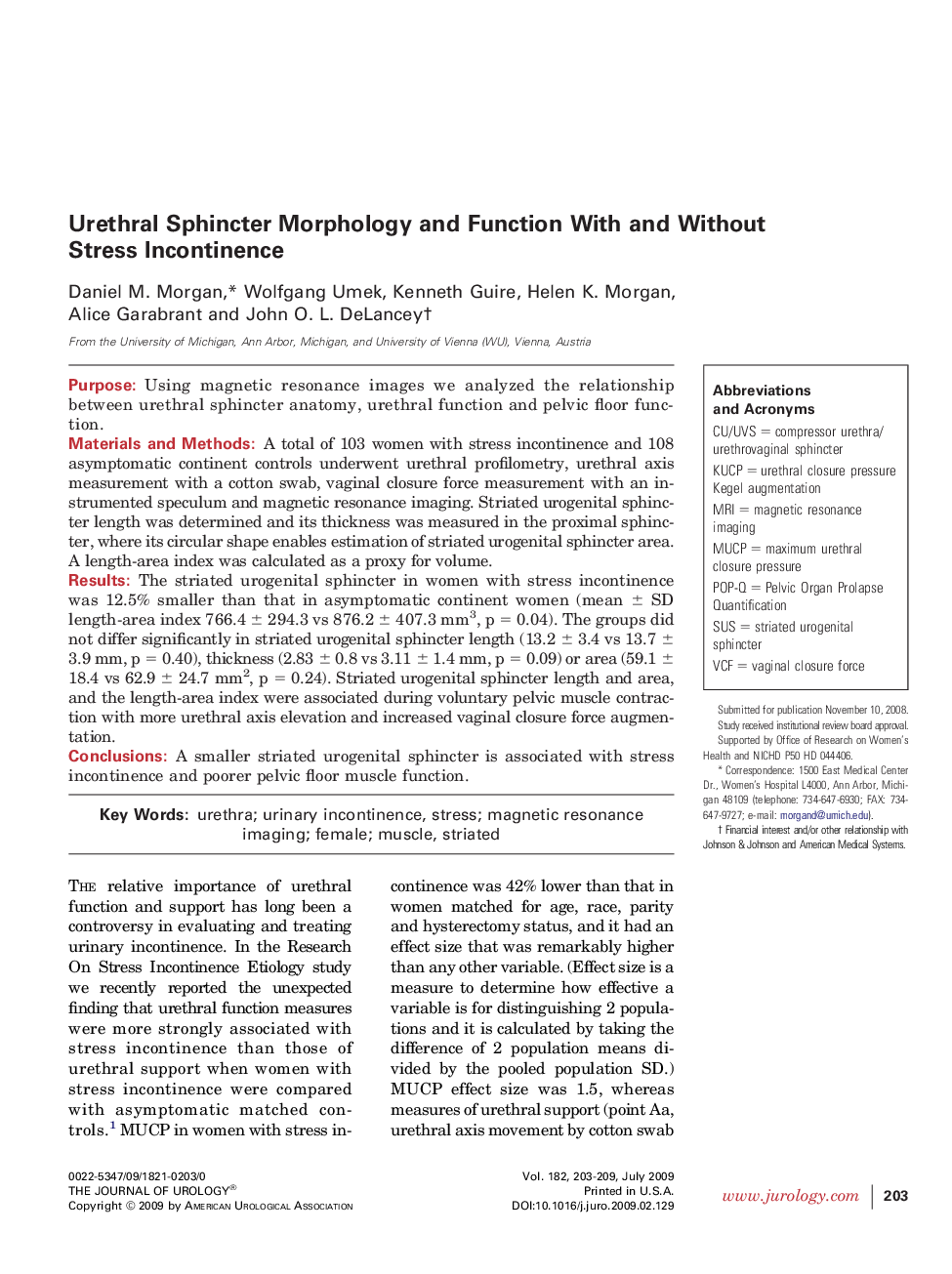 Urethral Sphincter Morphology and Function With and Without Stress Incontinence