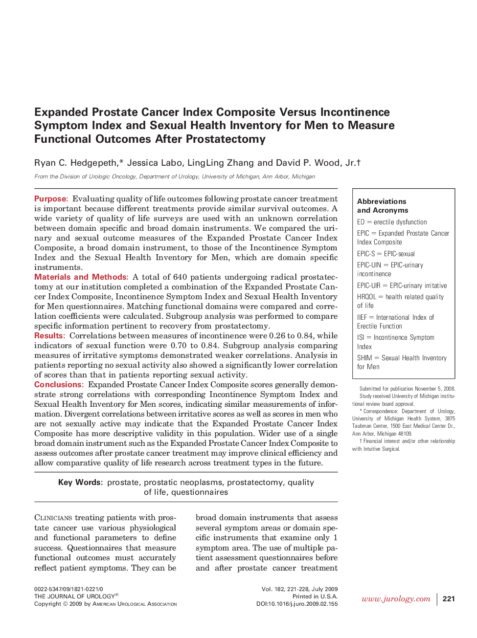 Expanded Prostate Cancer Index Composite Versus Incontinence Symptom Index and Sexual Health Inventory for Men to Measure Functional Outcomes After Prostatectomy