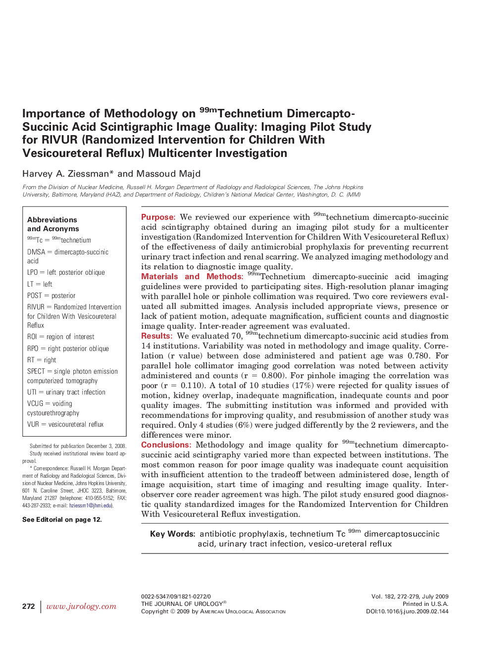 Importance of Methodology on 99mTechnetium Dimercapto-Succinic Acid Scintigraphic Image Quality: Imaging Pilot Study for RIVUR (Randomized Intervention for Children With Vesicoureteral Reflux) Multicenter Investigation