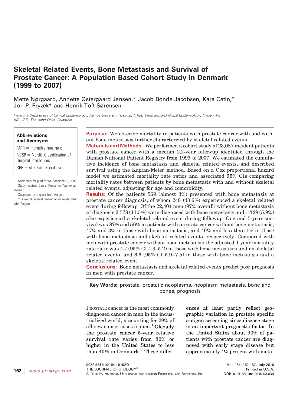 Skeletal Related Events, Bone Metastasis and Survival of Prostate Cancer: A Population Based Cohort Study in Denmark (1999 to 2007)