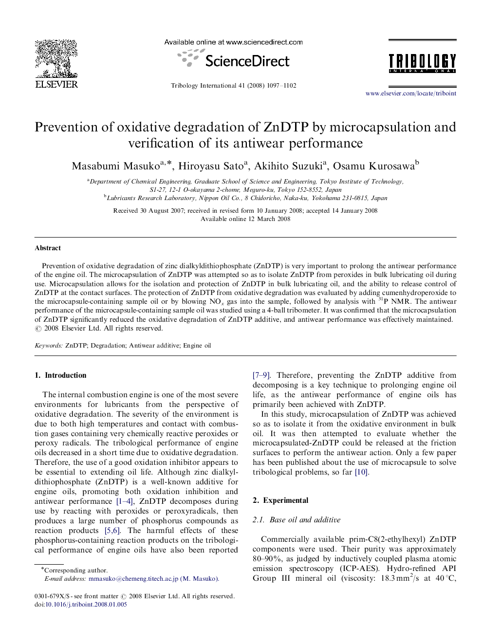 Prevention of oxidative degradation of ZnDTP by microcapsulation and verification of its antiwear performance