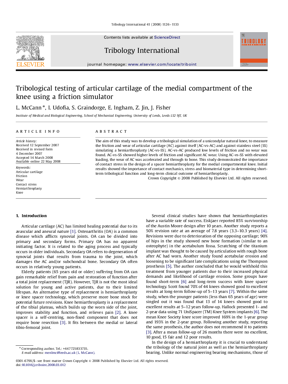 Tribological testing of articular cartilage of the medial compartment of the knee using a friction simulator