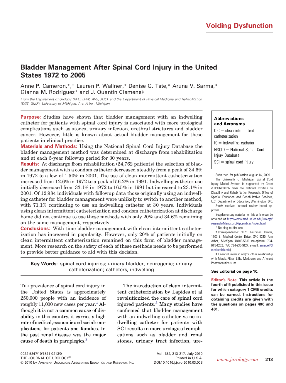 Bladder Management After Spinal Cord Injury in the United States 1972 to 2005