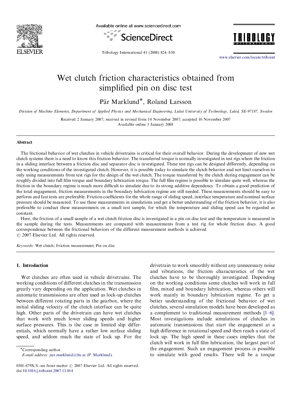 Wet clutch friction characteristics obtained from simplified pin on disc test