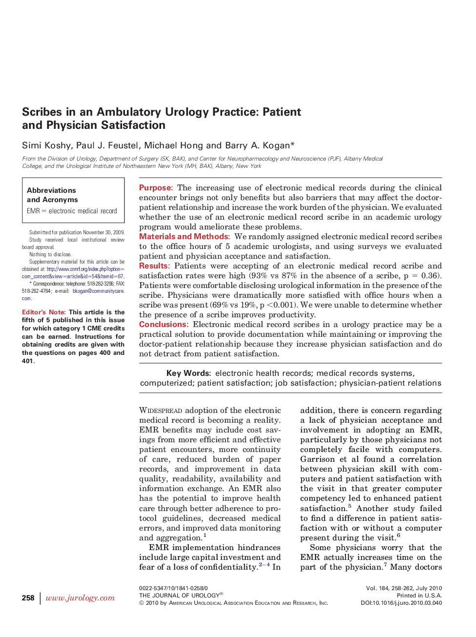 Scribes in an Ambulatory Urology Practice: Patient and Physician Satisfaction