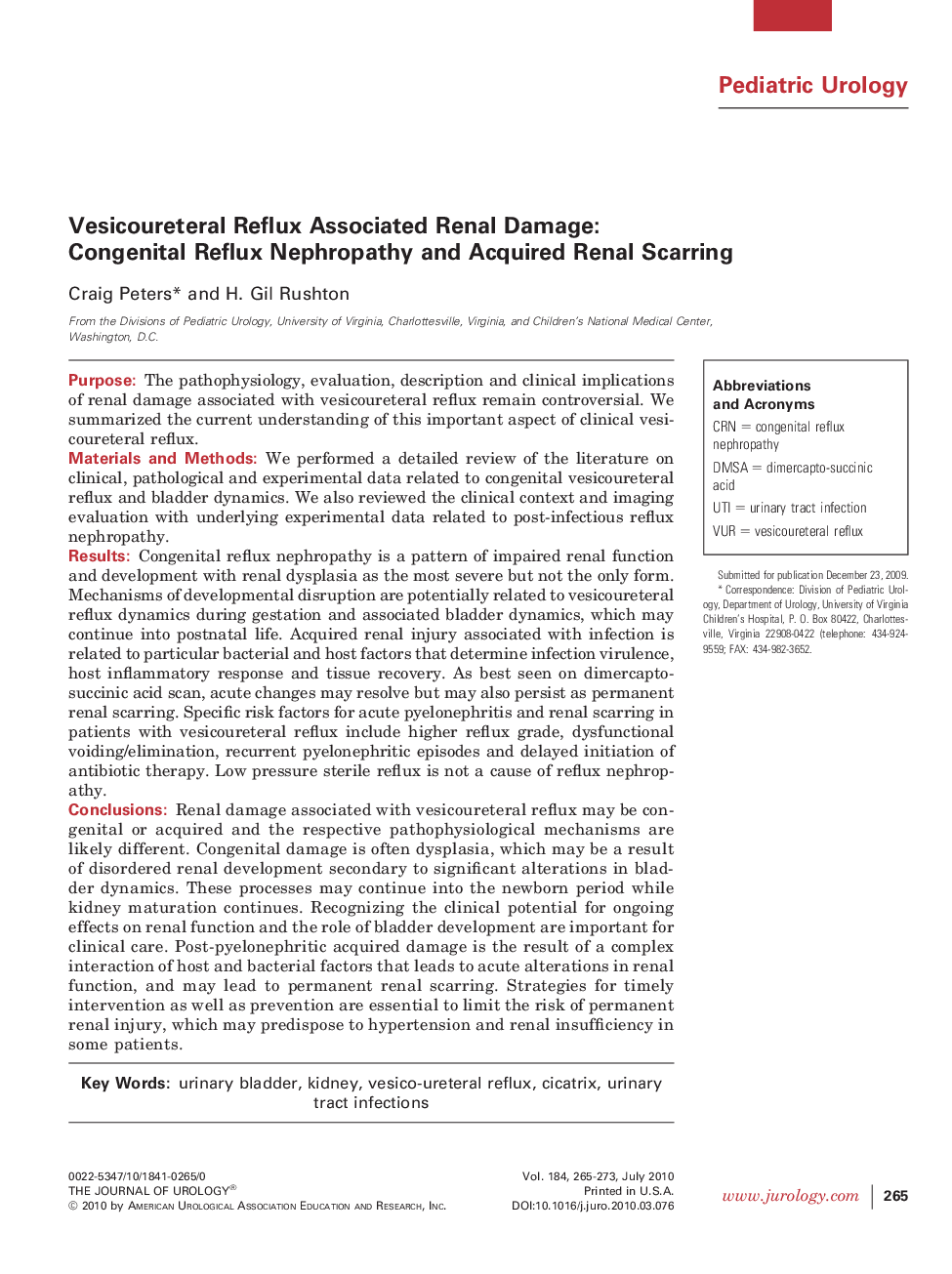 Vesicoureteral Reflux Associated Renal Damage: Congenital Reflux Nephropathy and Acquired Renal Scarring