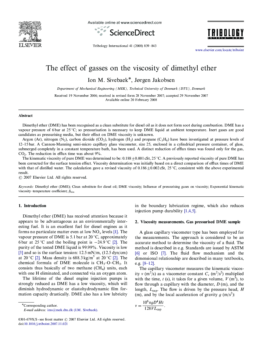 The effect of gasses on the viscosity of dimethyl ether